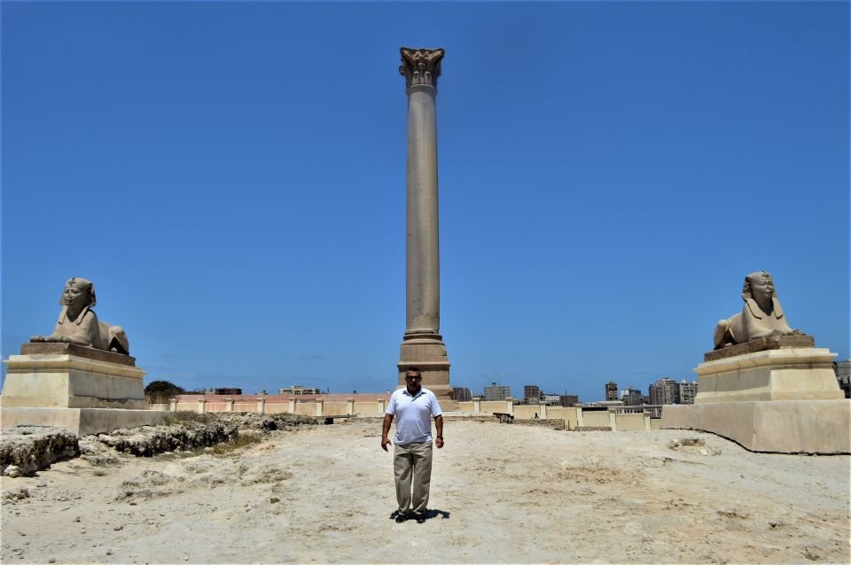 Serapeum of Alexandria ancient ruins and Pompey’s Pillar in Egypt
