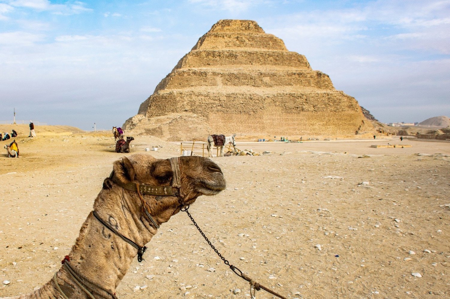 “Tourists visiting the Pyramids of Giza during a 4-day budget Egypt tour from Cairo to Aswan.”