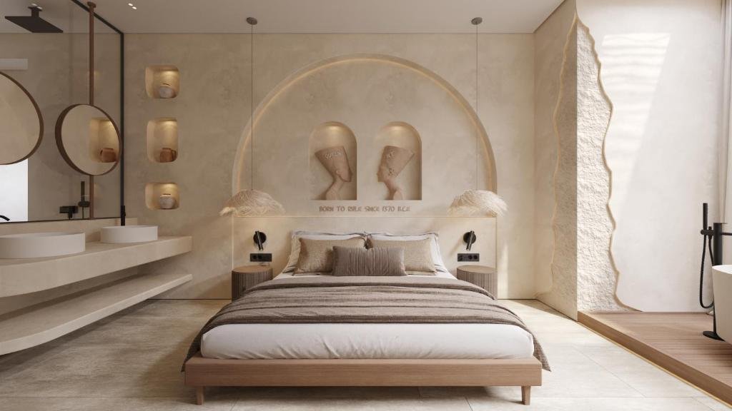 Egypt Budget Hotel: Rooftop terrace of Kove Hotel in Giza showing a clear view of the Great Pyramids and comfortable seating.