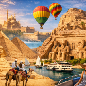 15-day Egypt tour showing Giza Pyramids, Sphinx, Nile cruise, Abu Simbel, Luxor temples, and hot air balloon ride