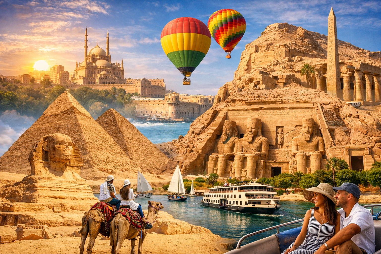15-day Egypt tour showing Giza Pyramids, Sphinx, Nile cruise, Abu Simbel, Luxor temples, and hot air balloon ride