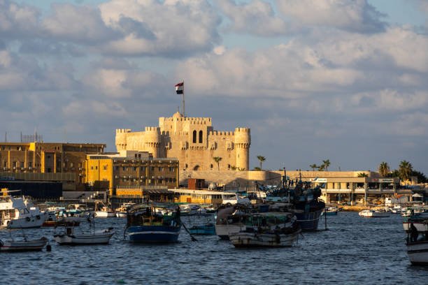 View of Alexandria coastline with Qaitbay Fort and Mediterranean Sea
