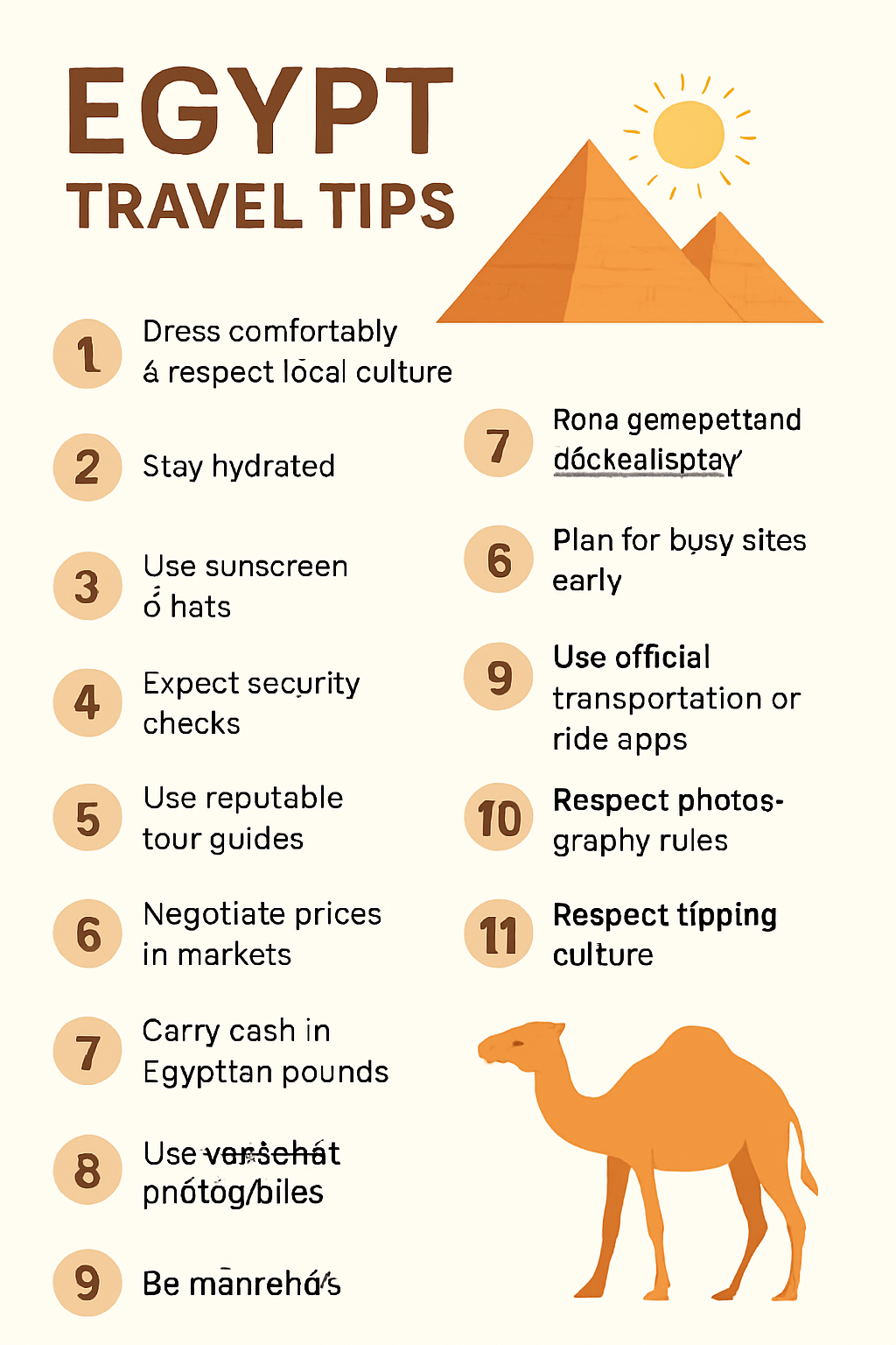 “Infographic displaying essential Egypt travel tips including cultural guidance, safety advice, packing suggestions, and transportation tips.”